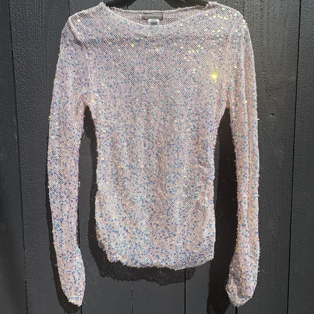 Y2k Iridescent Sequin Fairy Mesh Sheer Top L Statement Whimsical Going Out Pink